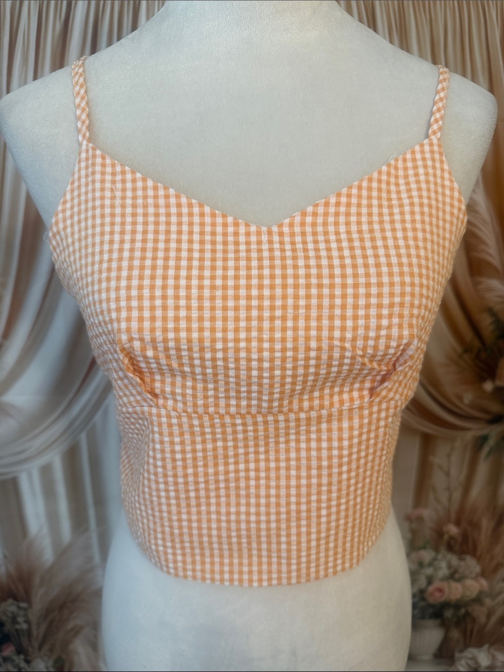 Gingham Peach Spaghetti-Strap Crop Camisole